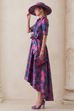 Floral Fuchsia A Line High-Low Mother of the Bride Dress with Belt