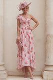 One Shoulder Floral Dusty Rose A Line Ruched Mother of the Bride Dress
