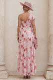 One Shoulder Floral Dusty Rose A Line Ruched Mother of the Bride Dress