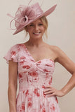 One Shoulder Floral Dusty Rose A Line Ruched Mother of the Bride Dress