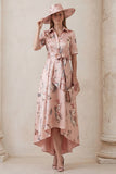Floral Dusty Rose A Line Short Sleeve High-Low Mother of the Bride Dress with Belt
