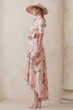 Floral Dusty Rose A Line Short Sleeve High-Low Mother of the Bride Dress with Belt