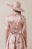 Floral Dusty Rose A Line Short Sleeve High-Low Mother of the Bride Dress with Belt