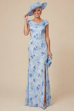 Light Blue Cowl Neck Mermaid Floral Mother of the Bride Dress with Slit