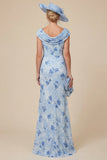 Light Blue Cowl Neck Mermaid Floral Mother of the Bride Dress with Slit