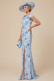 Light Blue Cowl Neck Mermaid Floral Mother of the Bride Dress with Slit
