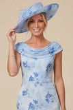 Light Blue Cowl Neck Mermaid Floral Mother of the Bride Dress with Slit