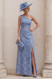 One Shoulder Dusty Blue A Line Ruched Floral Mother of the Bride Dress with Slit