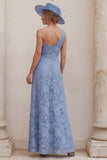 One Shoulder Dusty Blue A Line Ruched Floral Mother of the Bride Dress with Slit