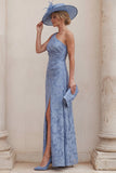 One Shoulder Dusty Blue A Line Ruched Floral Mother of the Bride Dress with Slit