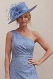 One Shoulder Dusty Blue A Line Ruched Floral Mother of the Bride Dress with Slit
