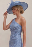 One Shoulder Dusty Blue A Line Ruched Floral Mother of the Bride Dress with Slit