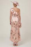 Dusty Rose One Shoulder Ruffled Mermaid Floral High-Low Mother of the Bride Dress