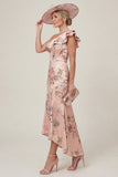 Dusty Rose One Shoulder Ruffled Mermaid Floral High-Low Mother of the Bride Dress