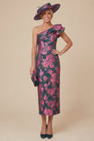 Fuchsia Sheath Floral One Shoulder Ruffled Midi Mother of the Bride Dress
