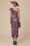 Fuchsia Sheath Floral One Shoulder Ruffled Midi Mother of the Bride Dress