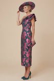 Fuchsia Sheath Floral One Shoulder Ruffled Midi Mother of the Bride Dress