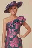 Fuchsia Sheath Floral One Shoulder Ruffled Midi Mother of the Bride Dress