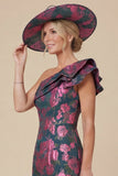 Fuchsia Sheath Floral One Shoulder Ruffled Midi Mother of the Bride Dress