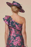 Fuchsia Sheath Floral One Shoulder Ruffled Midi Mother of the Bride Dress