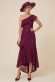 Lace One Shoulder Mermaid Ruffled Burgundy Mother of the Bride Dress