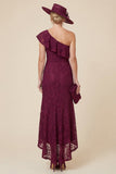 Lace One Shoulder Mermaid Ruffled Burgundy Mother of the Bride Dress