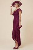 Lace One Shoulder Mermaid Ruffled Burgundy Mother of the Bride Dress