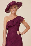 Lace One Shoulder Mermaid Ruffled Burgundy Mother of the Bride Dress