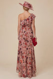 Floral Dusty Rose One Shoulder Ruffled Mother of the Bride Dress with Slit