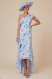 Light Blue Floral Mermaid Ruffled One Shoulder High-Low Mother of the Bride Dress