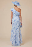 Light Blue Floral Mermaid Ruffled One Shoulder High-Low Mother of the Bride Dress