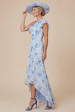 Light Blue Floral Mermaid Ruffled One Shoulder High-Low Mother of the Bride Dress