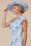Light Blue Floral Mermaid Ruffled One Shoulder High-Low Mother of the Bride Dress