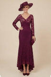 Burgundy Lace V-Neck Mermaid Mother of the Bride Dress with Long Sleeves