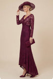 Burgundy Lace V-Neck Mermaid Mother of the Bride Dress with Long Sleeves
