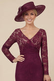 Burgundy Lace V-Neck Mermaid Mother of the Bride Dress with Long Sleeves