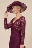 Burgundy Lace V-Neck Mermaid Mother of the Bride Dress with Long Sleeves