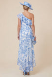 One Shoulder Light Blue Ruffle Floral Mother of the Bride Dress with Slit