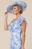 One Shoulder Light Blue Ruffle Floral Mother of the Bride Dress with Slit