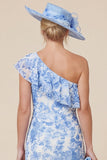 One Shoulder Light Blue Ruffle Floral Mother of the Bride Dress with Slit