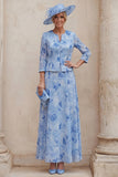 Blue A Line Floral 2 Piece Mother of the Bride Dress with Jacket