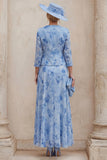 Blue A Line Floral 2 Piece Mother of the Bride Dress with Jacket