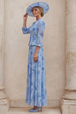 Blue A Line Floral 2 Piece Mother of the Bride Dress with Jacket