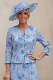Blue A Line Floral 2 Piece Mother of the Bride Dress with Jacket