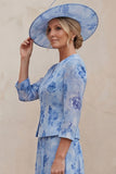 Blue A Line Floral 2 Piece Mother of the Bride Dress with Jacket
