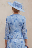 Blue A Line Floral 2 Piece Mother of the Bride Dress with Jacket