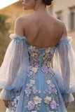 Light Blue Strapless A Line 3D FLower Long Prom Dress with Removable Sleeves