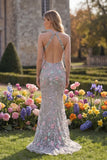 Halter Silver Flower Mermaid Backless Appliqued Long Prom Dress