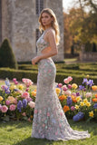 Halter Silver Flower Mermaid Backless Appliqued Long Prom Dress