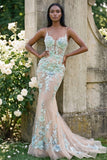 Champagne Mermaid Appliqued Spaghetti Straps Long Prom Dress